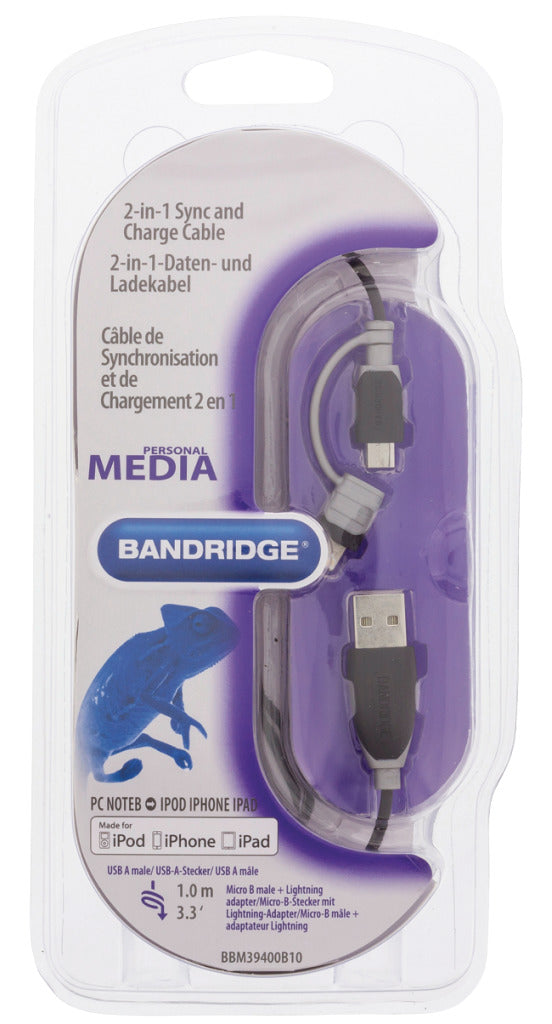 Bandridge Bandridge BBM39400B10 Dati 2 in 1 e cavo di ricarica USB Micro-B Maschio + LightningAdapter un maschio 1,00 m nero