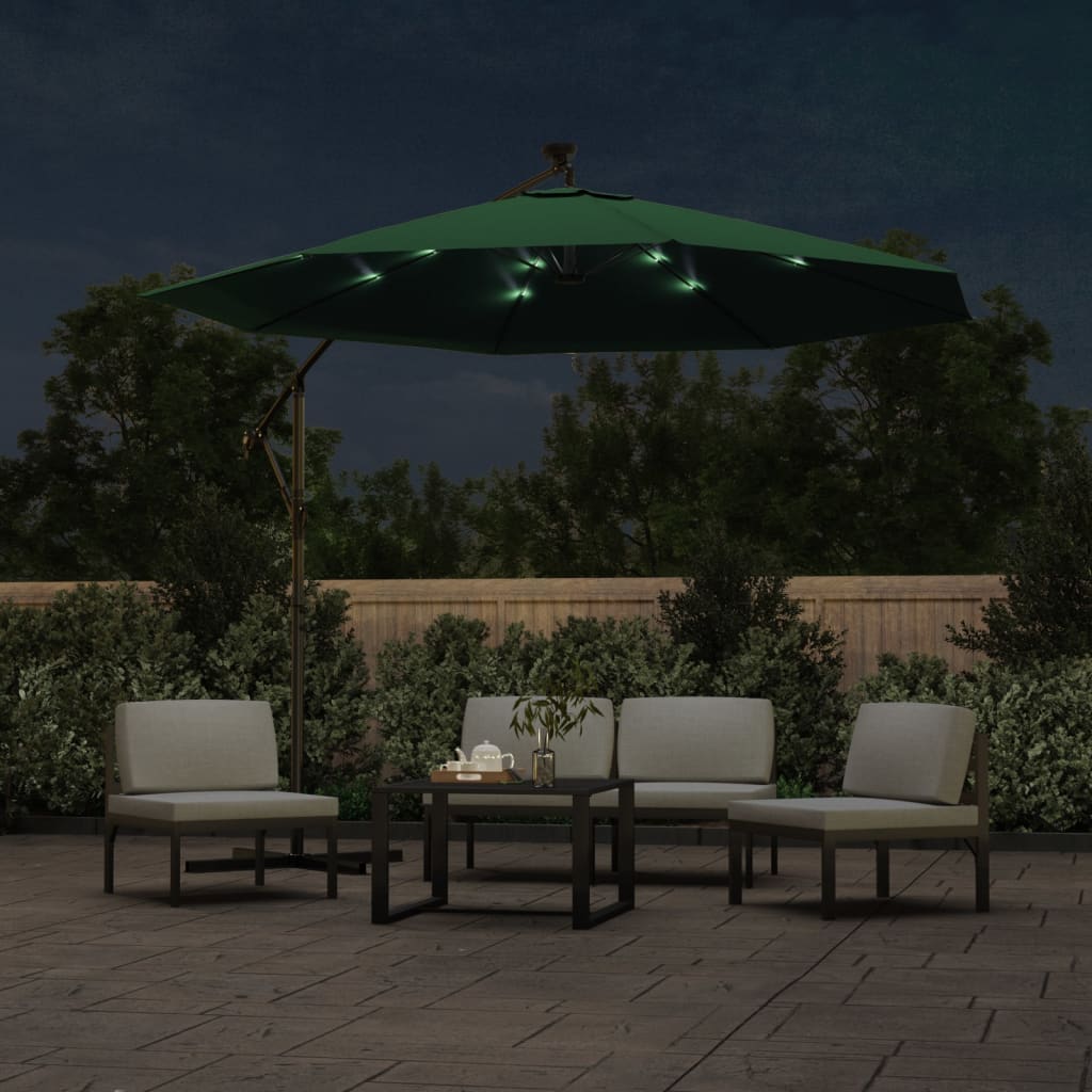 Parasol flotante Vidaxl con iluminación LED y polo de metal de 300 cm verde