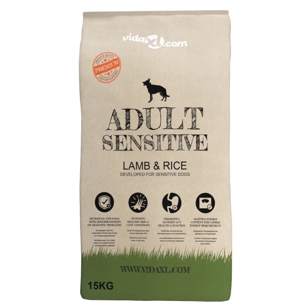 Vidaxl premium hondenvoer droog adult sensitive lamb rice 15kg