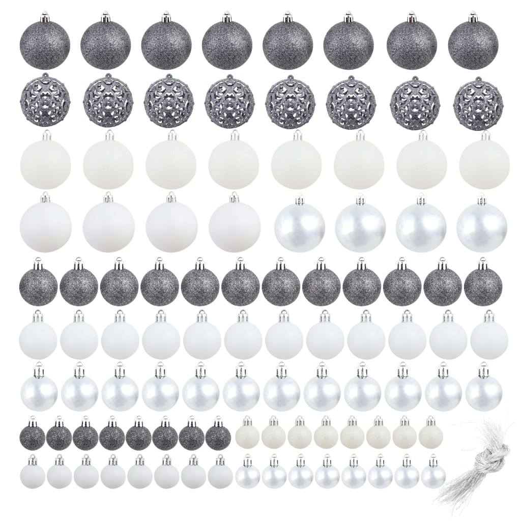 Vidaxl Juego de bolas de Navidad de 100 piezas 3 4 6 cm de gris blanco