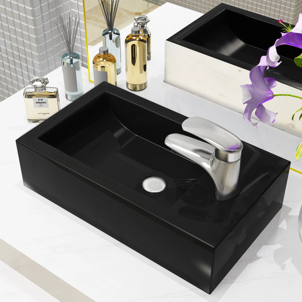 Vidaxl Washbasin con agujero del grifo rectangular 46x25.5x12 cm de cerámica negra
