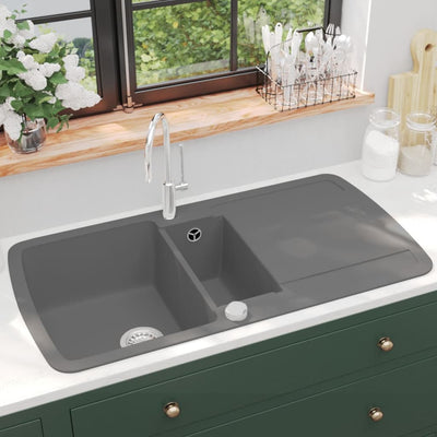 Vidaxl fregadero de doble tazón granito gris