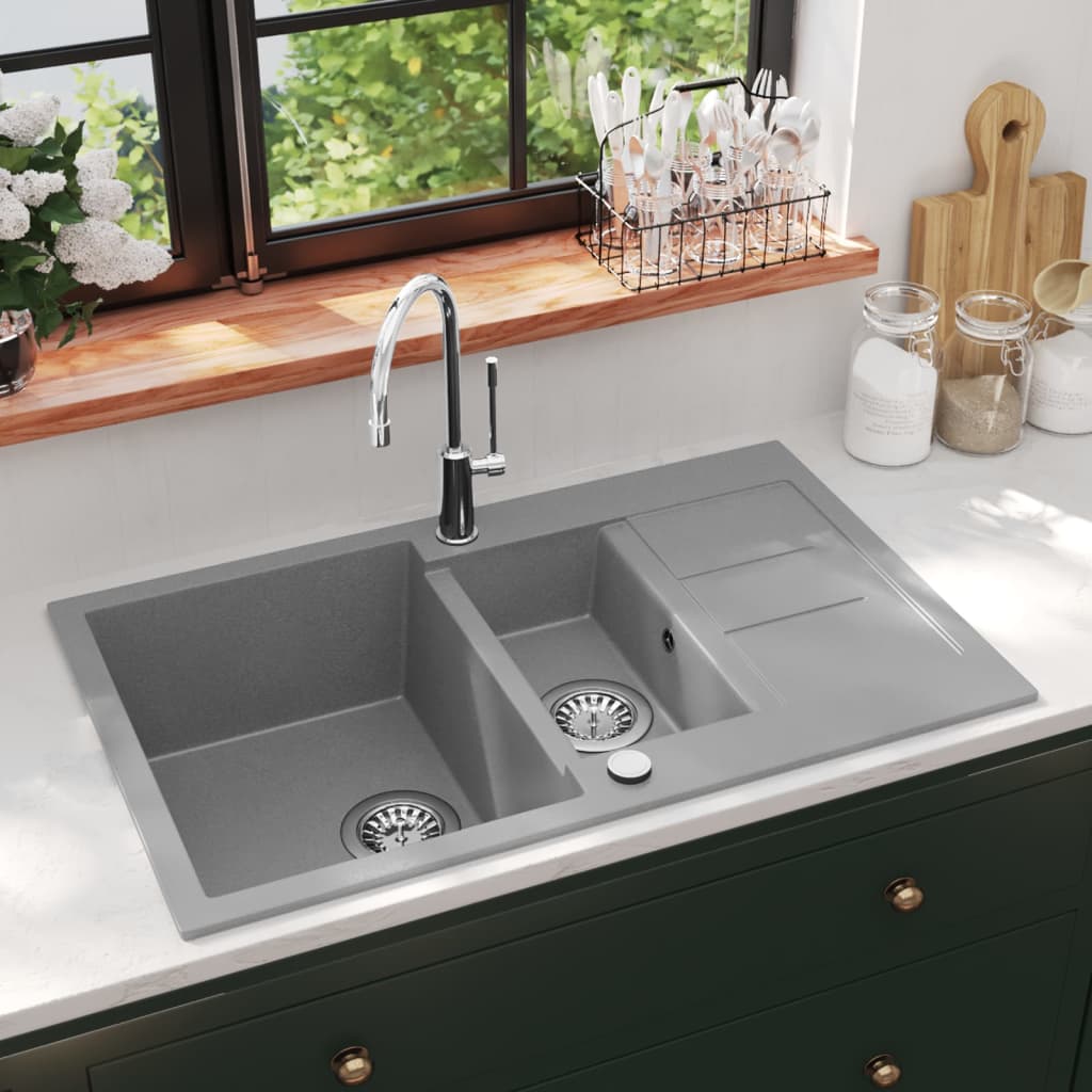 Vidaxl fregadero de doble tazón granito gris