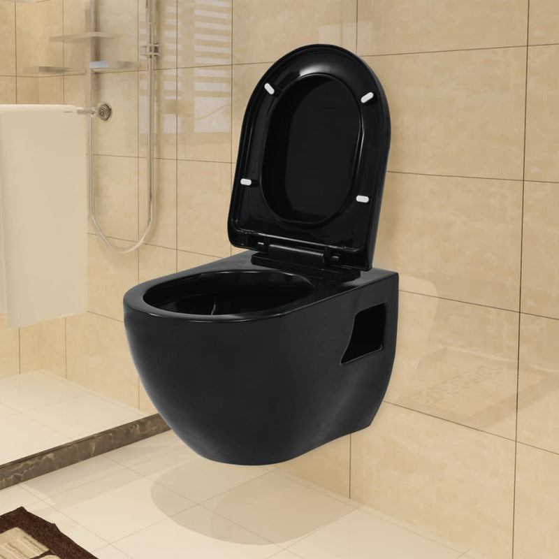 Vidaxl inodoro de pared cerámica negra