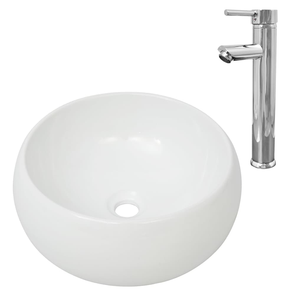 Washbasin de baño Vidaxl con toque de mezcla de cerámica redonda blanca