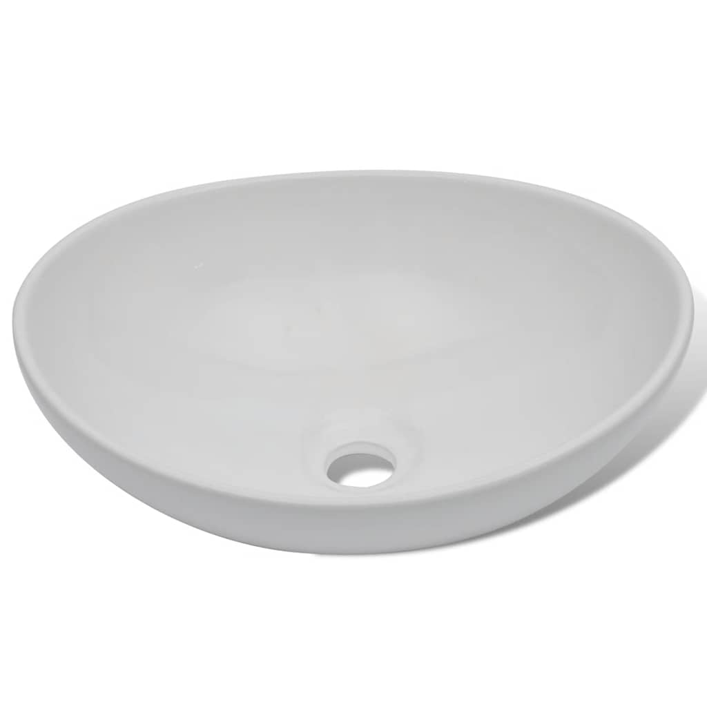 Washbasin de baño Vidaxl con toque de mezcla ovalada de cerámica blanca