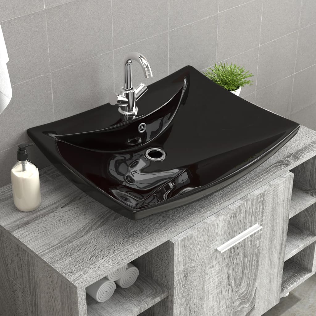 Vidaxl Washbasin con atterraggio e ceramica rettangolare nera foro
