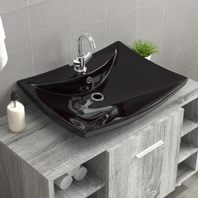 Vidaxl Washbasin con aterrizaje y agujero de grúa Cerámica rectangular negra