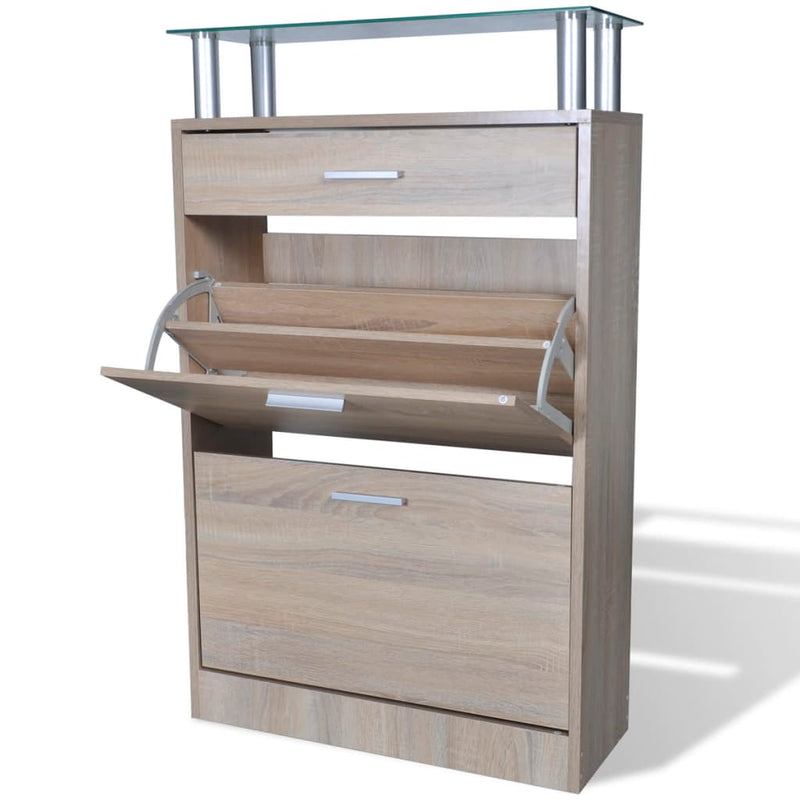 Gabinete de zapato Vidaxl con cajón y aspecto de roble superior de vidrio
