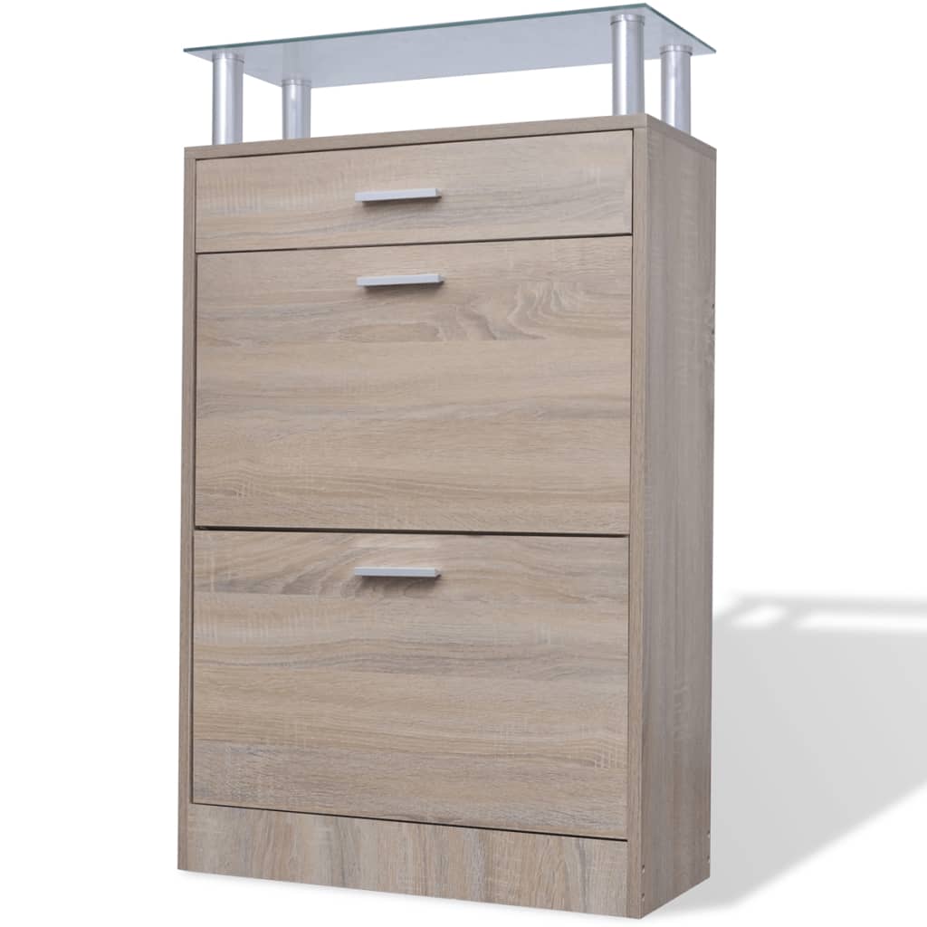 Gabinete de zapato Vidaxl con cajón y aspecto de roble superior de vidrio