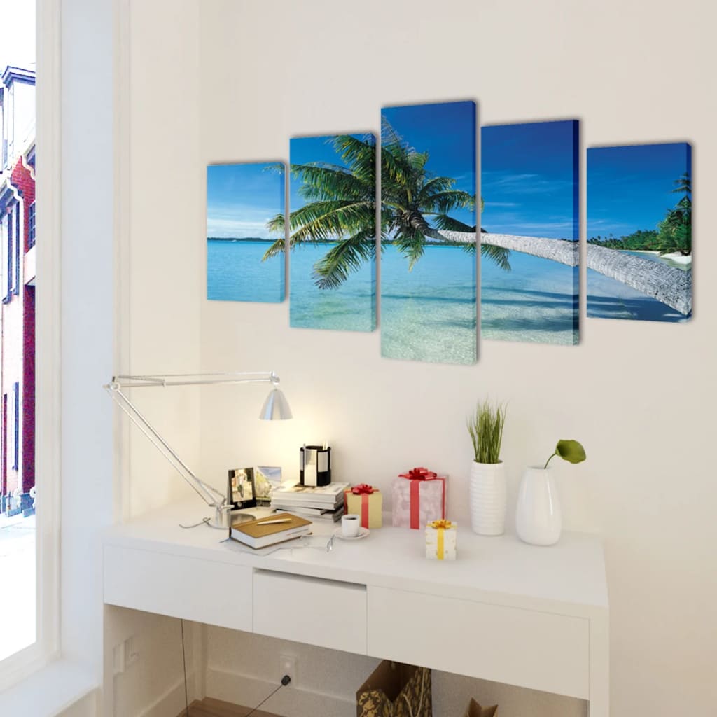 Spiaggia di sabbia a pressione murale di Vidaxl tela con palma 200 x 100 cm