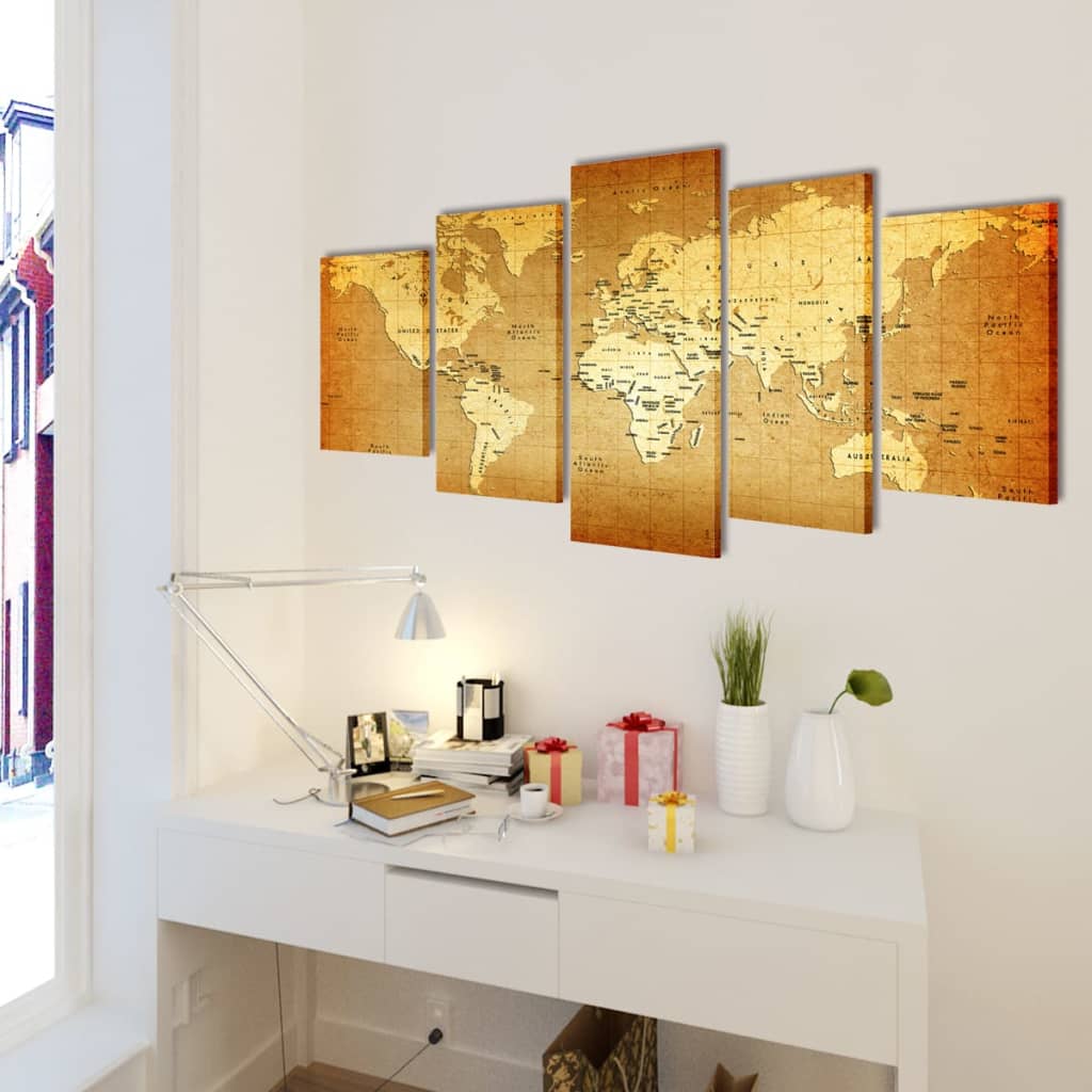 Vidaxl canvas muurdruk print set wereldkaart 100 x 50 cm