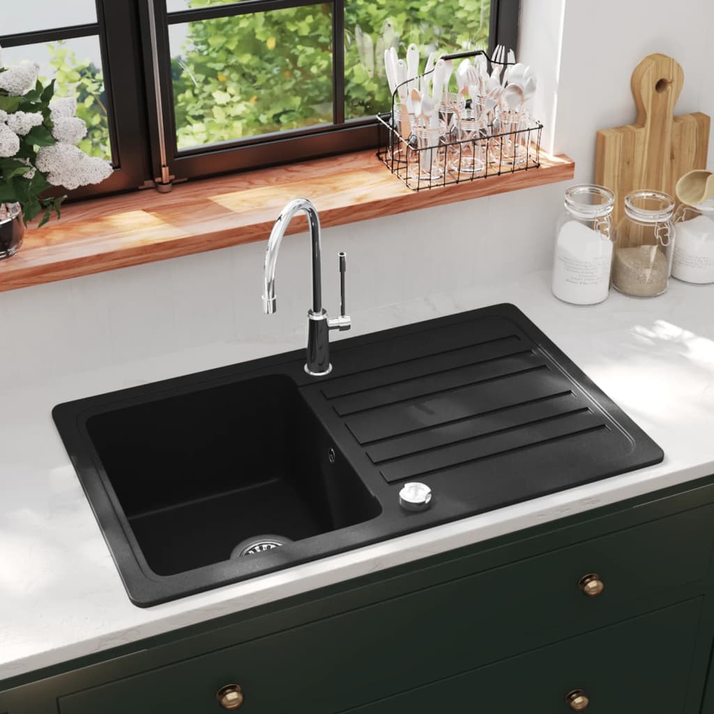 Vidaxl fregadero de granito de granito con drenaje negro reversible