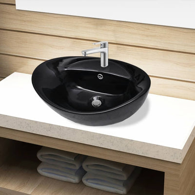 Vidaxl Washbasin con desbordamiento, cerámica, ovalada, negro