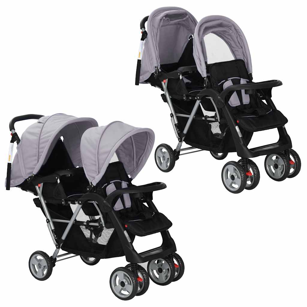 Vidaxl Pram doble acero gris y negro