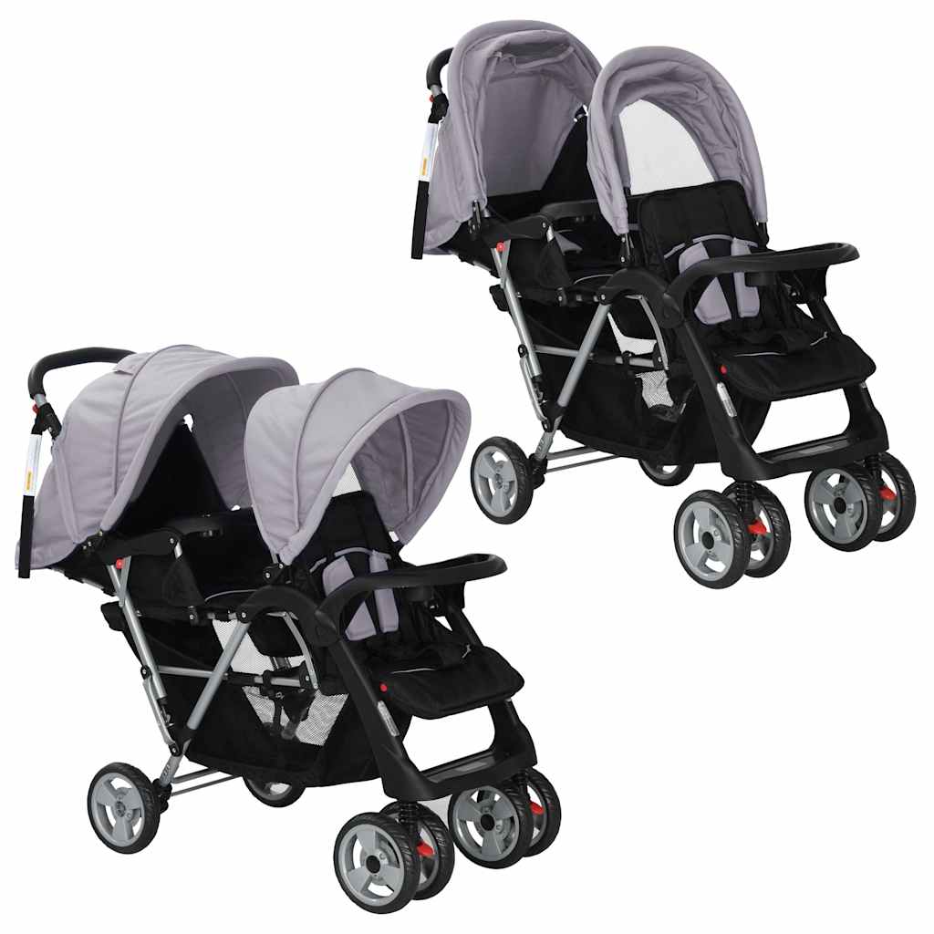 Vidaxl Pram doble acero gris y negro