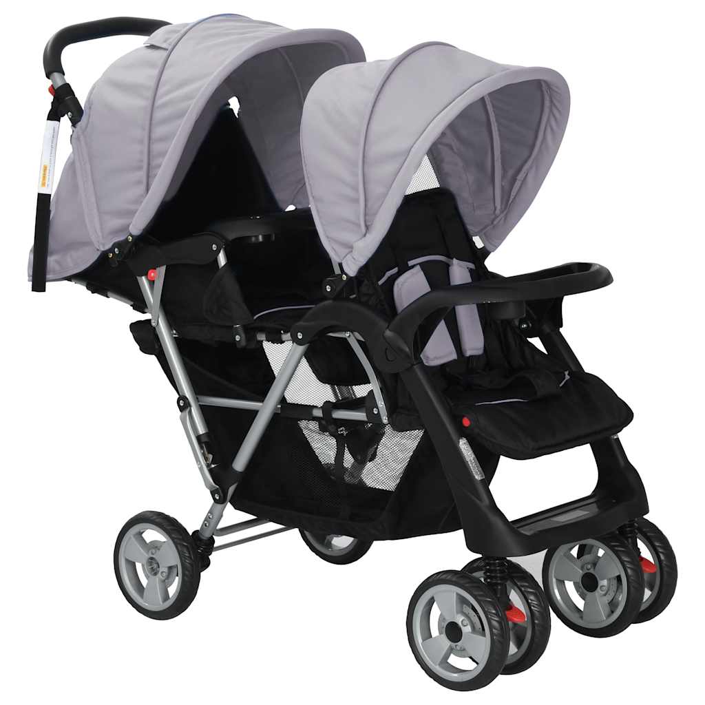 Vidaxl Pram doble acero gris y negro