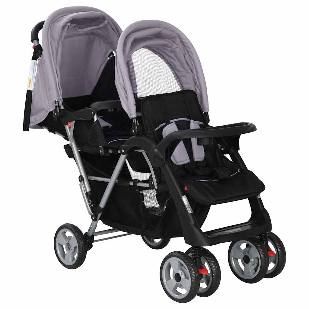 Vidaxl Pram doble acero gris y negro