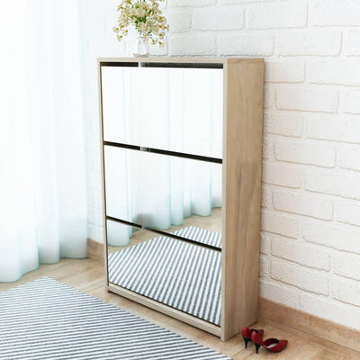 Vidaxl Cabinet da scarpe a tre ayer con specchio 63x17x102,5 cm quercia