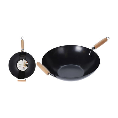 Eccellente wok per casalinghi in acciaio al carbonio ø35cm manico in legno