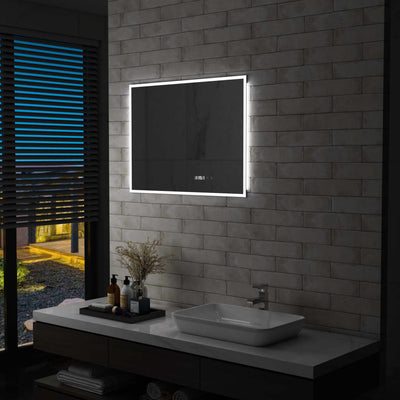 LED de espejo de baño Vidaxl con sensor táctil y pantalla de tiempo 80x60 cm