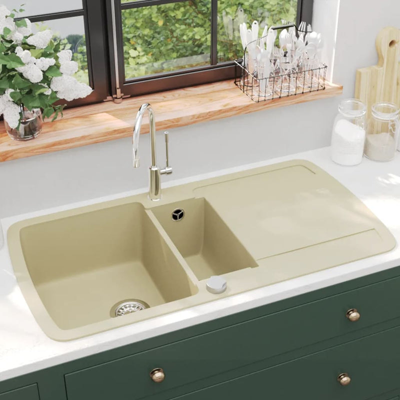 Vidaxl fregadero de contenedores dobles beige de granito