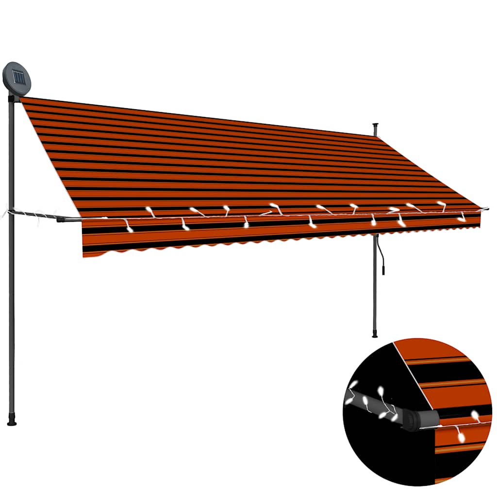 Vidaxl Luifel estendibile manualmente con arancione a 350 cm a LED e marrone