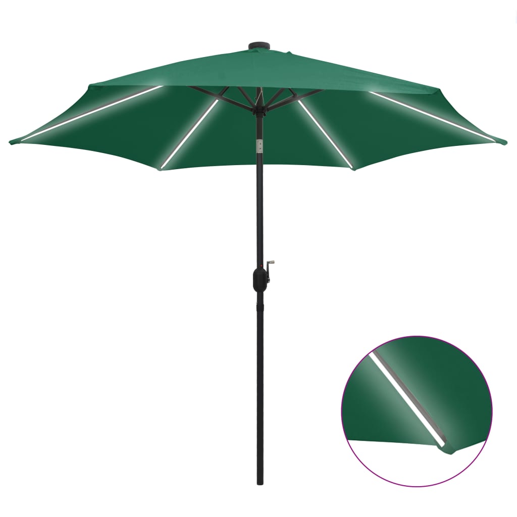 Vidaxl Parasol con illuminazione a LED e polo in alluminio 300 cm verde