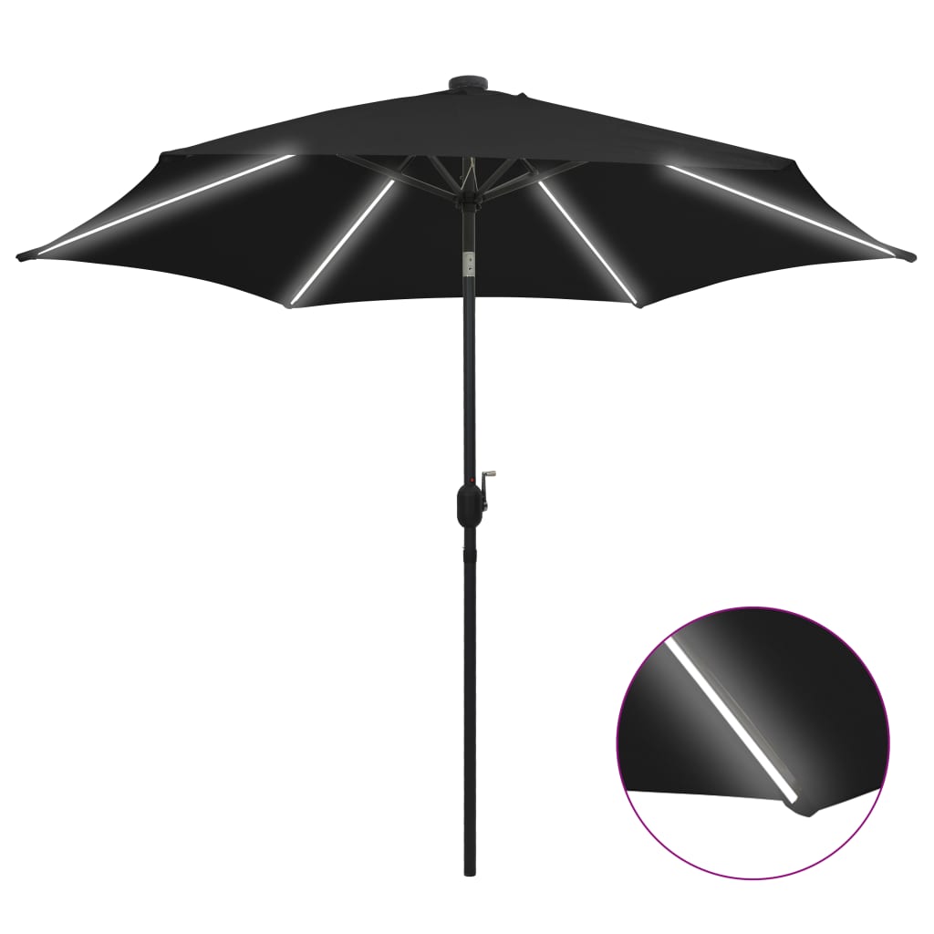 Parasol Vidaxl con iluminación LED y poste de aluminio de 300 cm negro