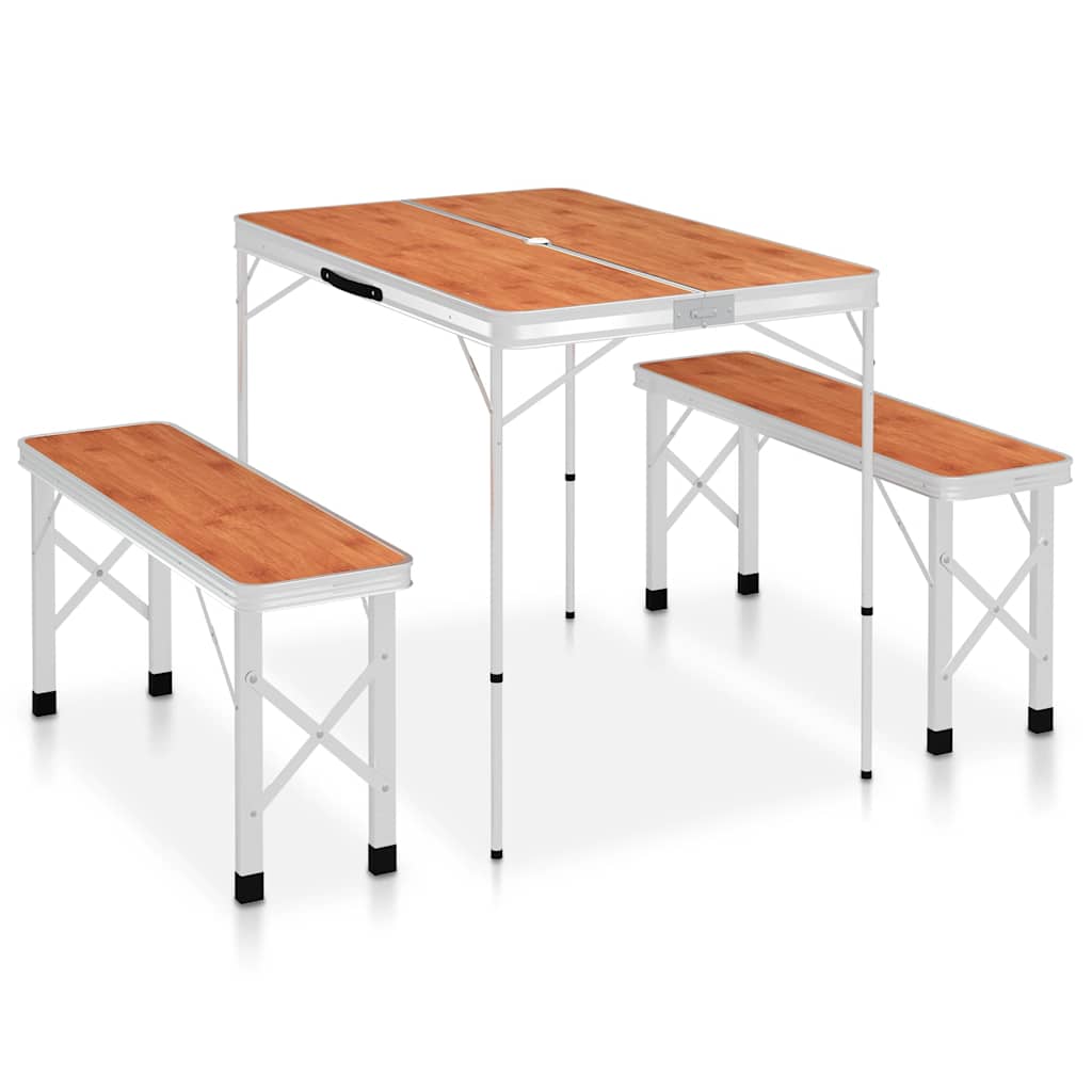 VidaXL Camping Table Foldable with 2 benches aluminum brown