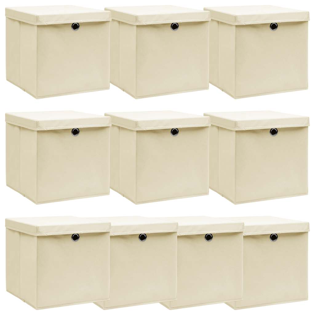 Vidaxl opbergboxen met deksel 10 st 32x32x32 cm stof crèmekleurig