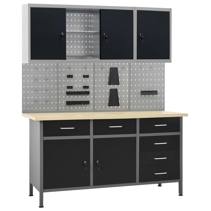Vidaxl Workbench con quattro pannelli a parete e due armadi