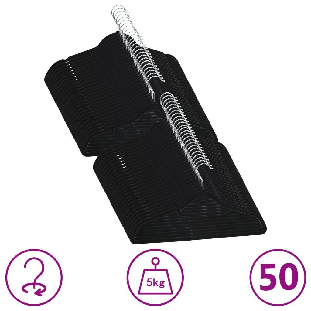 Vidaxl de 50 piezas colgador de ropa Anti-slip terciopelo negro