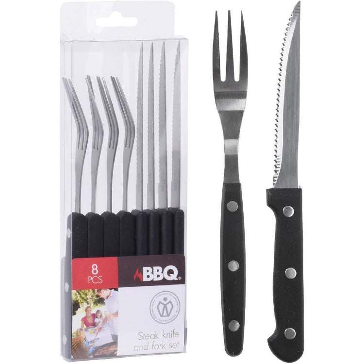 Coltelli e forchette bbq per barbecue 8 neri in acciaio inossidabile
