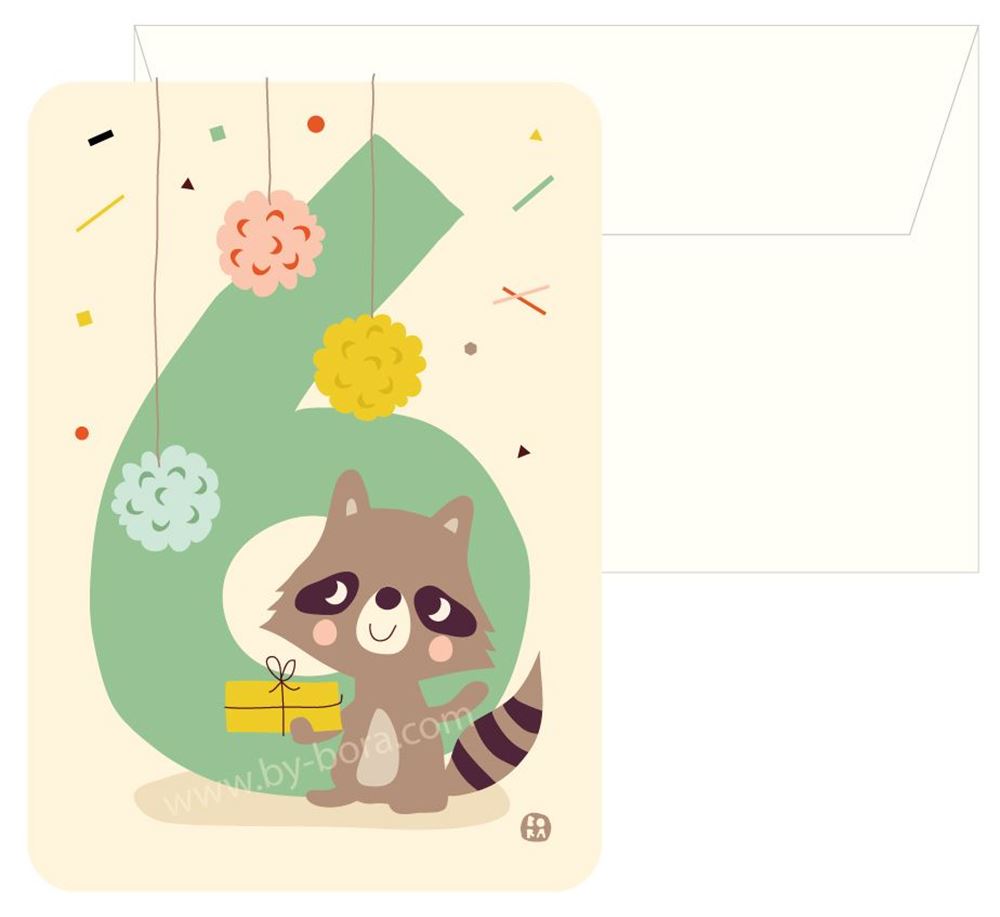 Bora verjaardagskaart+envelop raccoon 6