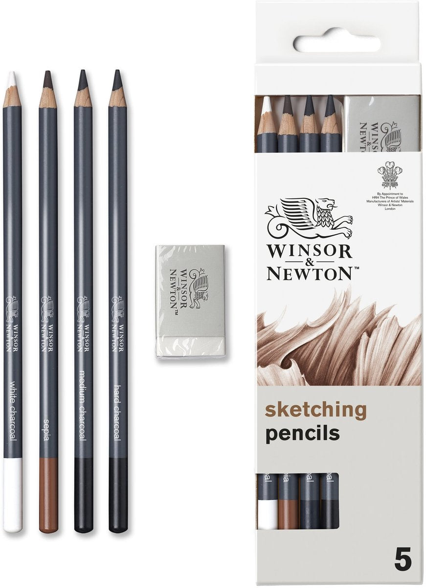 Winsor Newton 0490009 Studio Collection Set di matite per schizzi x5 con gomma – Matite da disegno a carboncino seppia per schizzi