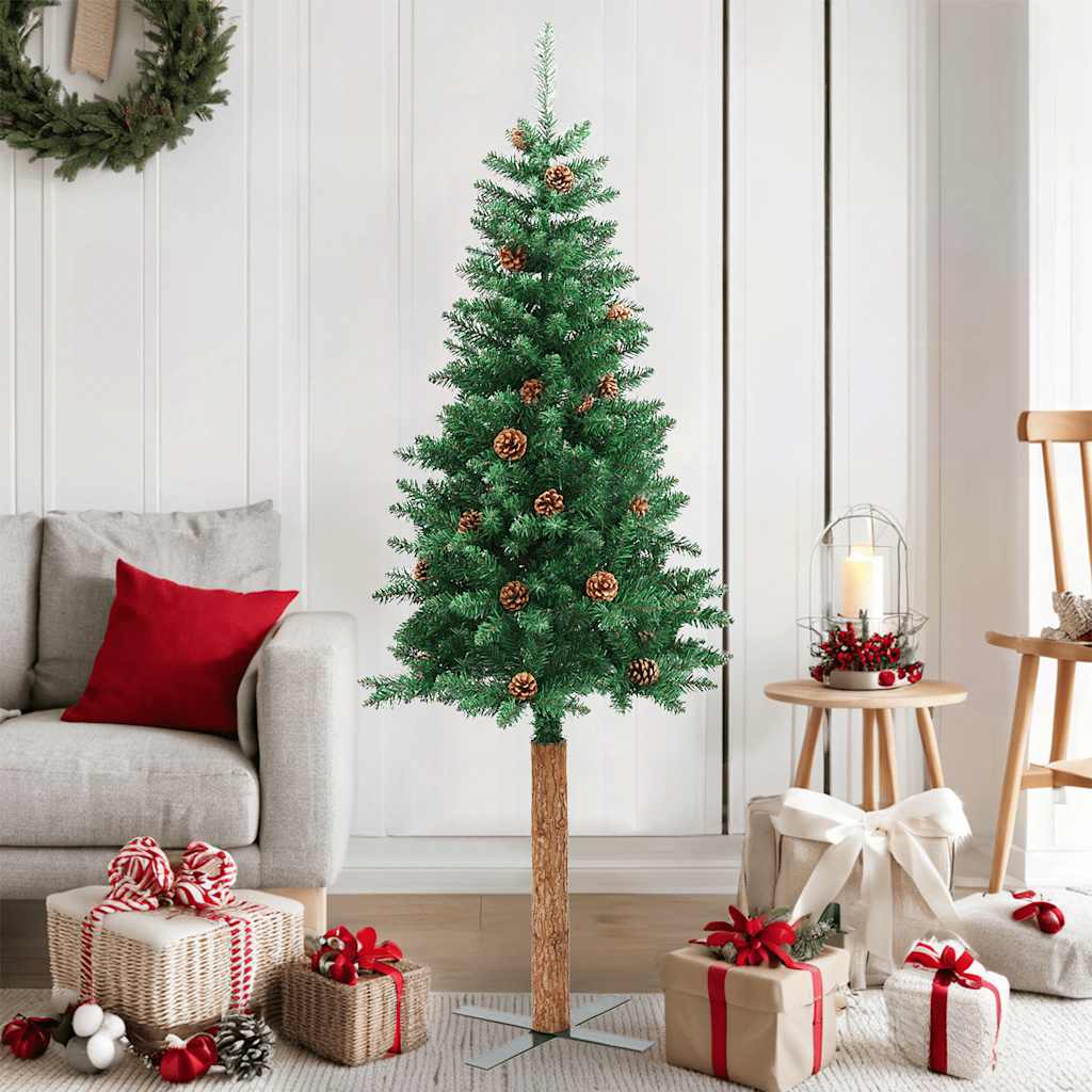 Albero di Natale Vidaxl con legno reale e coni di pino stretti 150 cm PVC verde