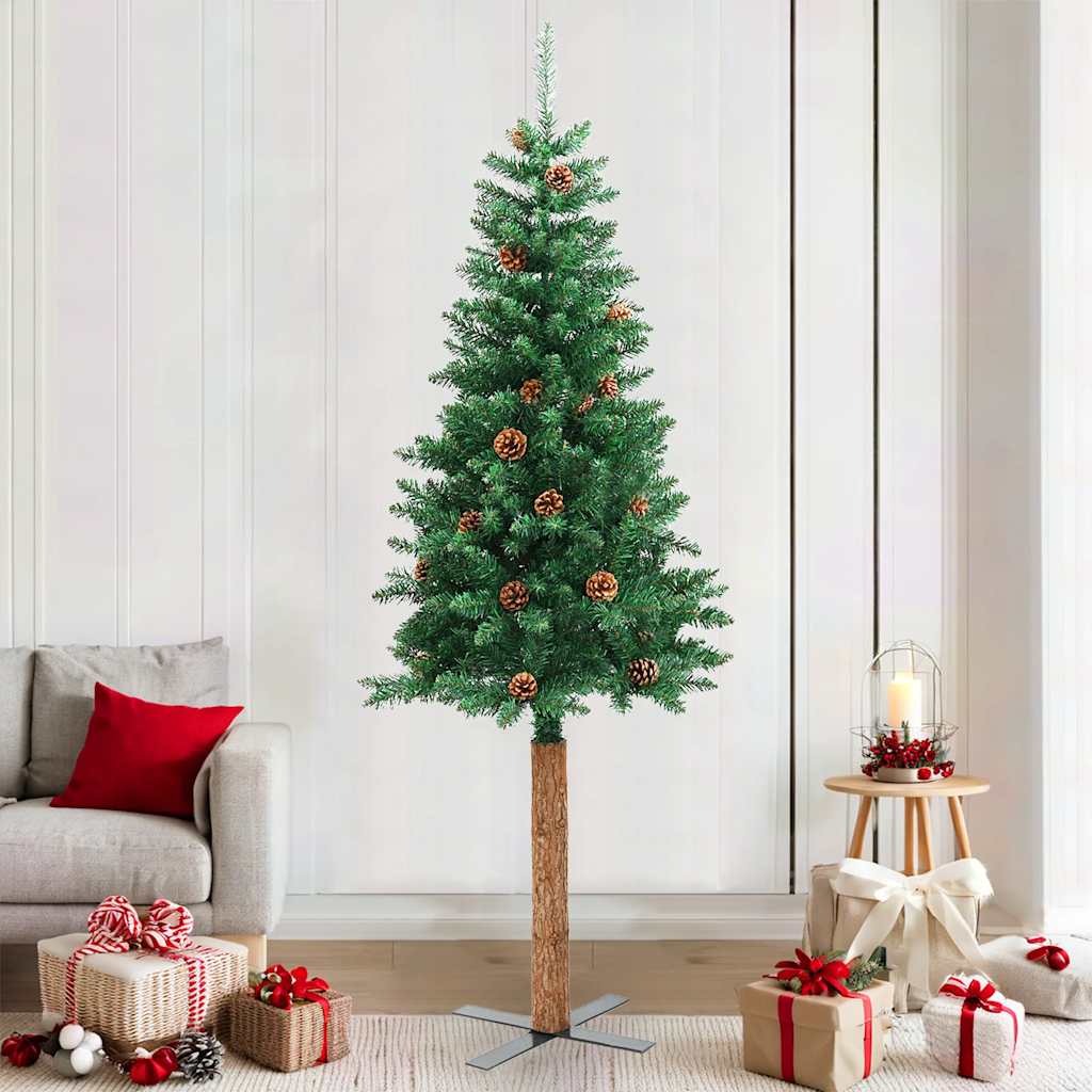 Vidaxx Albero di Natale in vero legno e pigne strette 210 cm PVC verde