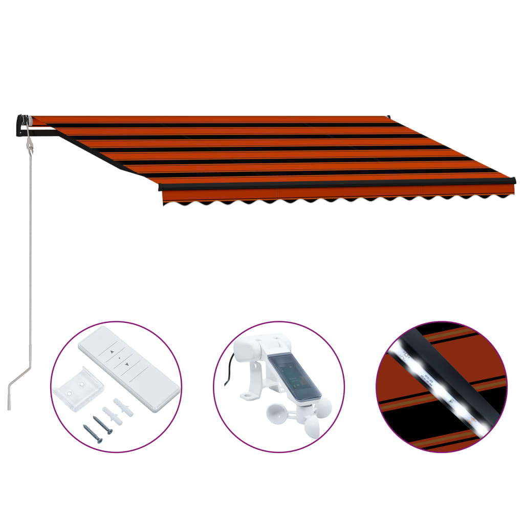 Vidaxl Laifel estendibile con LED a sensore di vento 450x300 cm marrone arancione