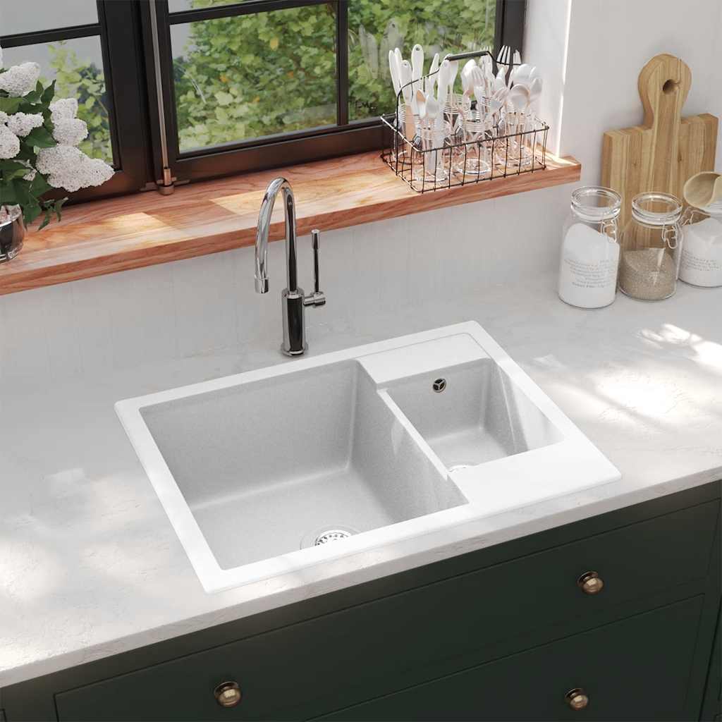 Vidaxl Lavel Bidici doppi con foro di overflow White in granito
