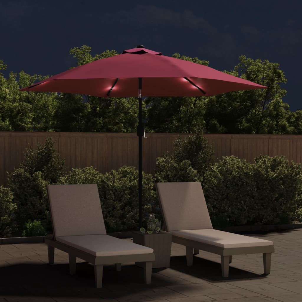 Vidaxl parasol met led-verlichting en stalen paal 300 cm bordeauxrood