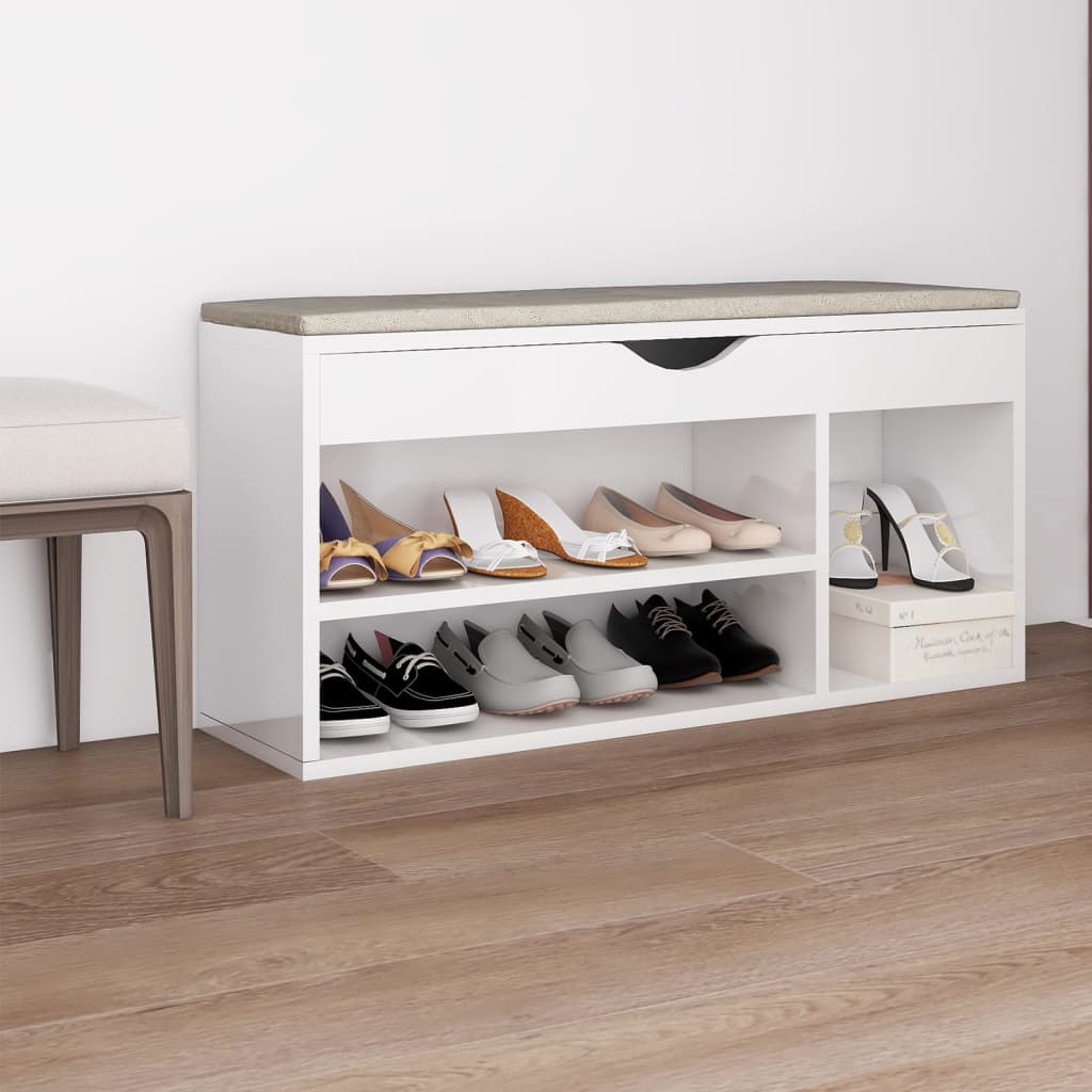 Panca per scarpe Vidaxl con cuscino 104x30x49 cm in legno trasformato bianco lucido
