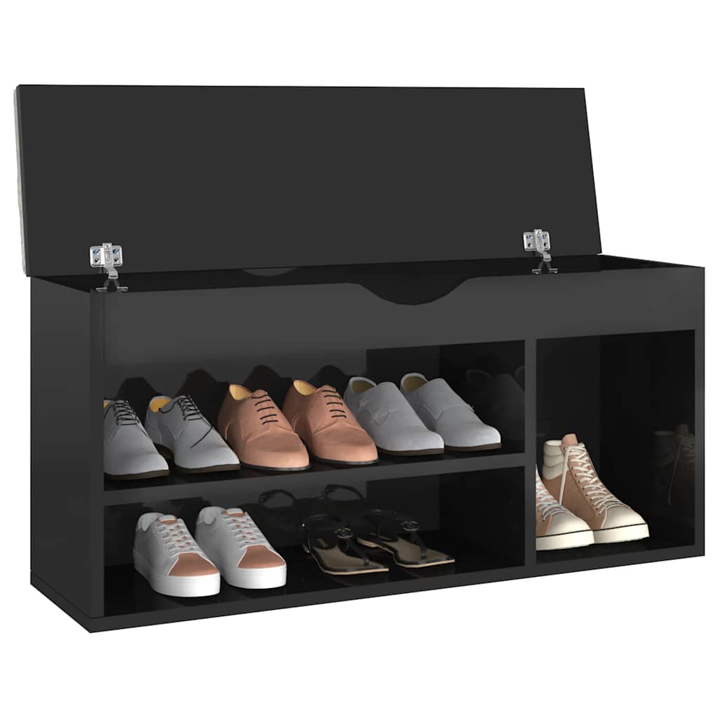 Banco de zapatos Vidaxl con cojín 104x30x49 cm de madera de alto brillo negro