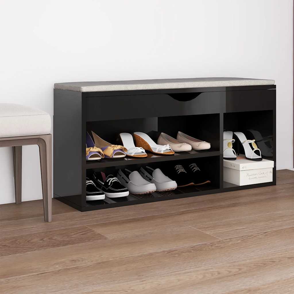 Banco de zapatos Vidaxl con cojín 104x30x49 cm de madera de alto brillo negro