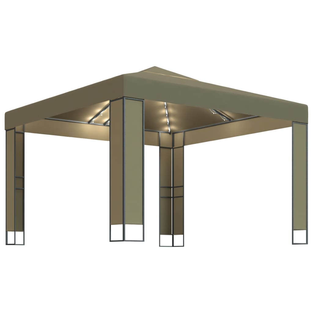 Cenador Vidaxx con techo doble y cadena de luces LED 3x3x2,7 m topo