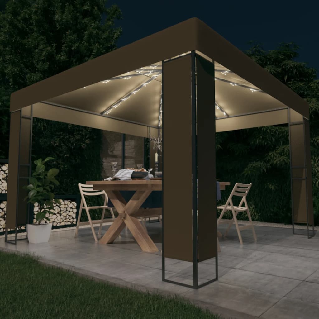 Cenador Vidaxx con techo doble y cadena de luces LED 3x3x2,7 m topo