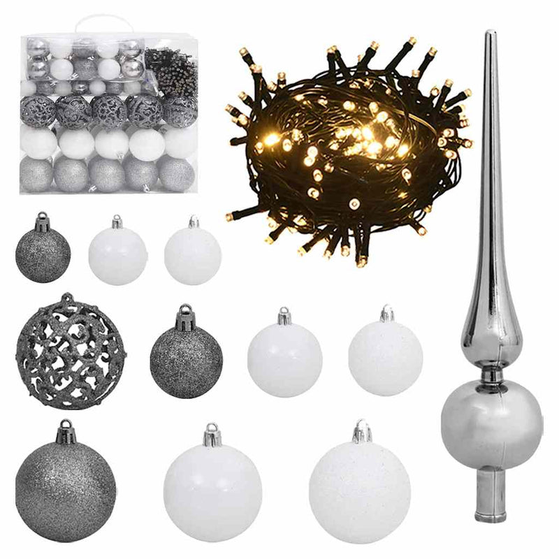 Vidaxl Ball Ball da 120 parti set con picco e 300 LED bianchi e grigi