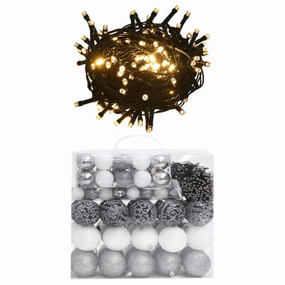 Vidaxl Ball Ball da 120 parti set con picco e 300 LED bianchi e grigi