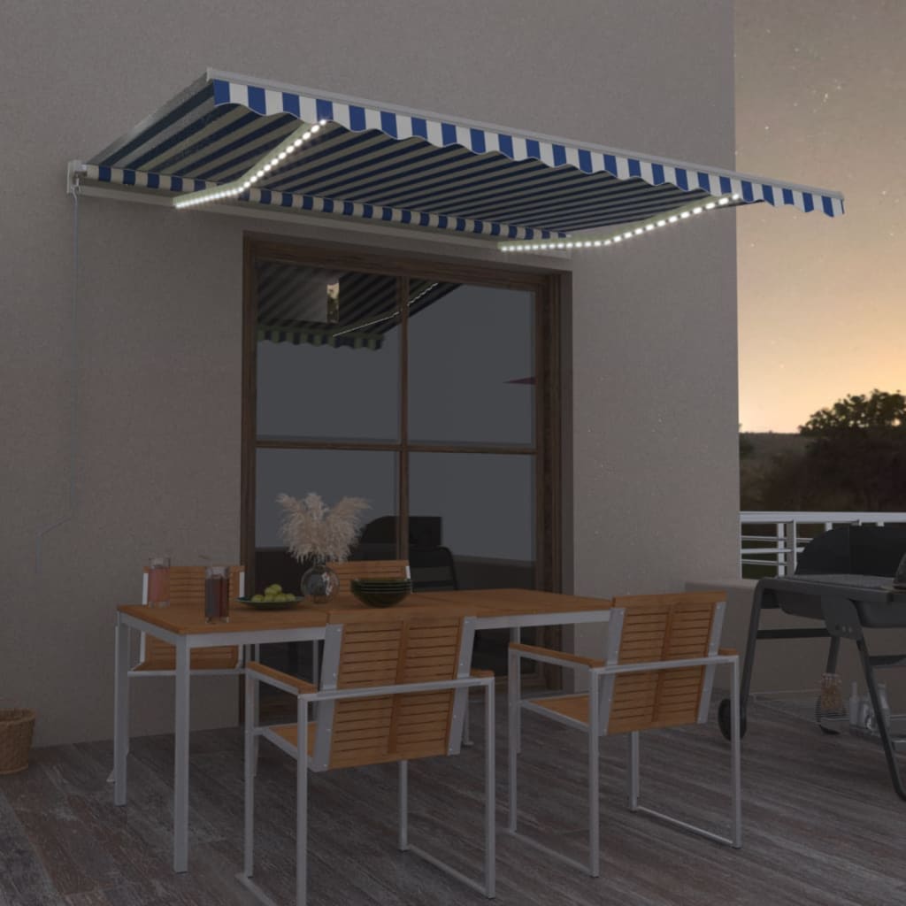 Vidaxl Luifel se puede extender manualmente con LED 400x350 cm azul y blanco