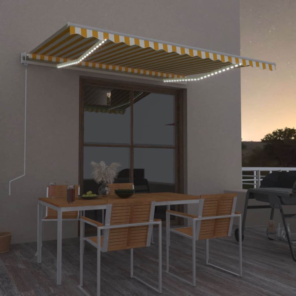 Vidaxl Luifel automático con sensor de LED y viento 450x350 cm blanco amarillo